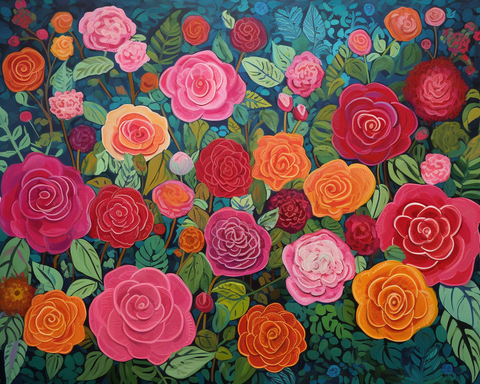 Image of diamond painting of colorful roses in a garden