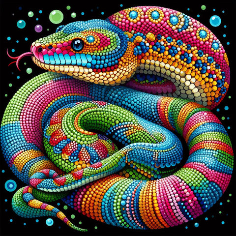 Image of Diamond painting of a vibrantly colored coiled snake with yellow, orange, and red scales.