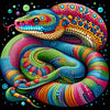 Diamond painting of a vibrantly colored coiled snake with yellow, orange, and red scales.