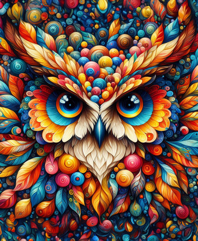 Image of Diamond painting of a colorful wise owl with big eyes
