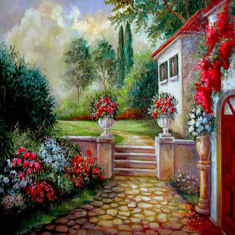 Image of diamond painting of a cottage garden landscape