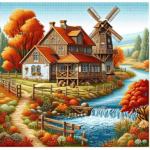 Image of Country House Diamond Painting with Windmill and River