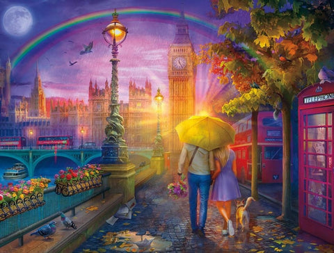 Image of diamond painting of a couple walking towards a rainbow