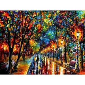 diamond painting of a couple walking through a colorful alleyway