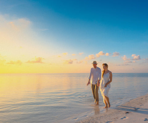 Image of Diamond painting of a couple walking hand-in-hand on a beach at sunset.