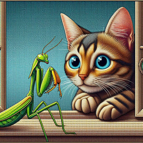 Image of Diamond art depicting a curious cat gazing at a perched praying mantis.