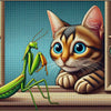 Diamond art depicting a curious cat gazing at a perched praying mantis.