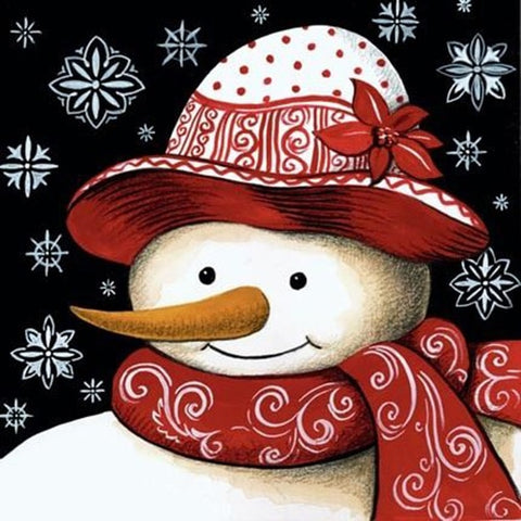 Image of diamond painting of a cute snowman with a red hat and scarf