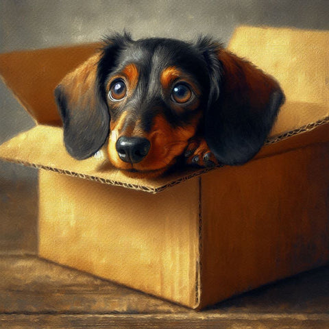 Image of Diamond painting of a dachshund dog peeking out of a cardboard box.