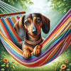 Diamond painting of a dachshund dog relaxing in a colorful hammock.