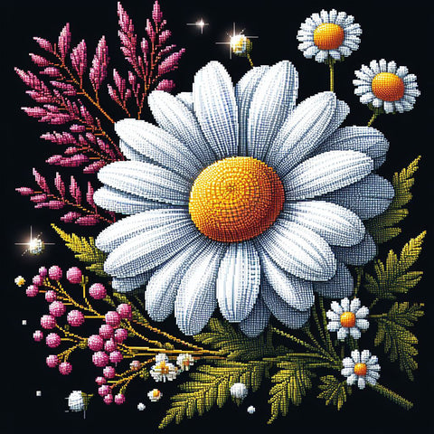 Image of Diamond painting of daisy flowers with green leaves and stems.