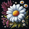 Diamond painting of daisy flowers with green leaves and stems.