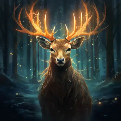 Image of Diamond painting of a majestic deer with a luminous antlers standing in a dark forest.