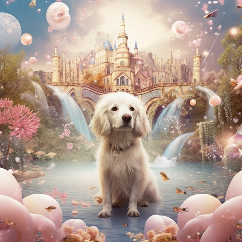 Image of diamond painting of a dog in a fantasy castle setting