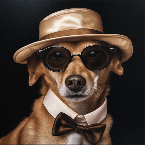 Image of diamond painting of a dog wearing a hat, sunglasses, and a bowtie