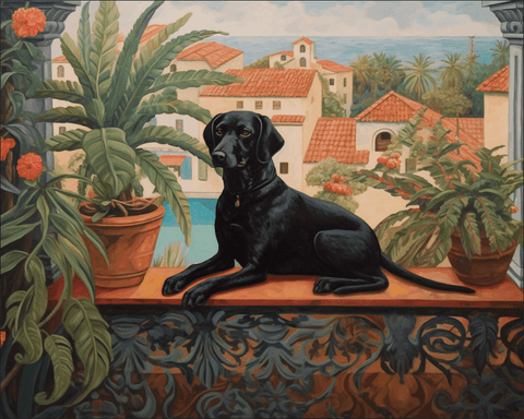 Image of Diamond painting of a dog sitting heroically on a balcony, looking out over a city skyline at night.
