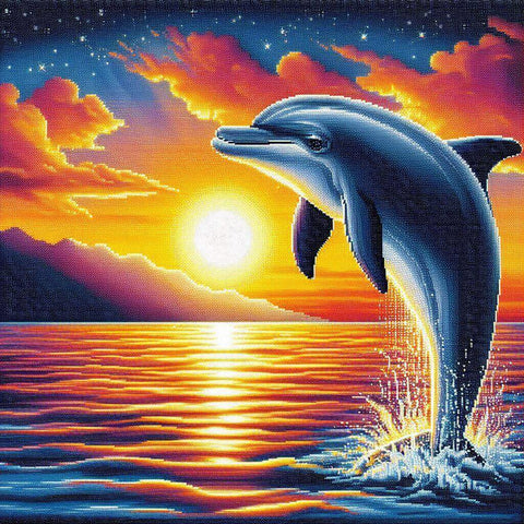 Image of Diamond painting of a dolphin leaping out of the water at sunset.