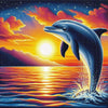 Diamond painting of a dolphin leaping out of the water at sunset.