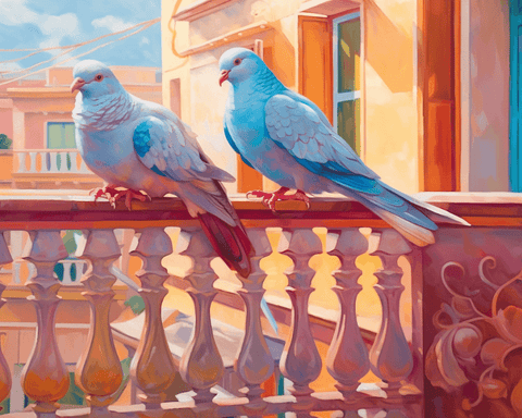 Image of diamond painting of two blue doves perched on a balcony railing