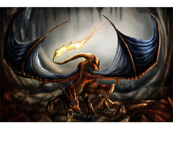 Diamond painting of a mythical dragon with fire trailing from its tail