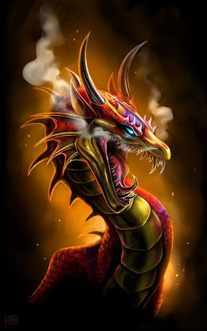 Image of Diamond painting of a dragon with smoke billowing from its nostrils and mouth, its eyes glowing ominously.