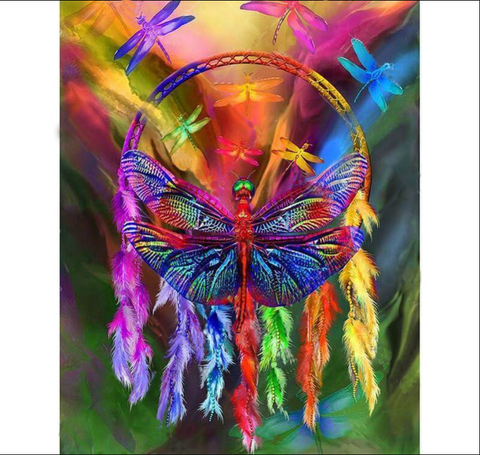 Image of Diamond painting of a colorful dragonfly resting in a intricate dreamcatcher.