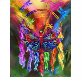 Diamond painting of a colorful dragonfly resting in a intricate dreamcatcher.