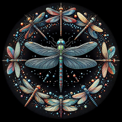 Image of Diamond painting of Circle of dragonflies on black background