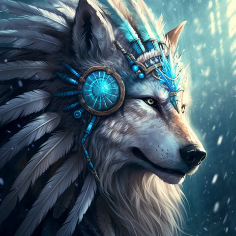 Image of Diamond painting of a mystical dream guardian wolf wearing a feathered headdress.
