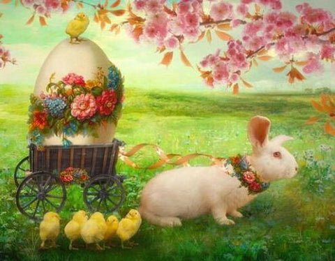 Image of diamond painting of an Easter bunny pulling a cart with a giant egg and chicks