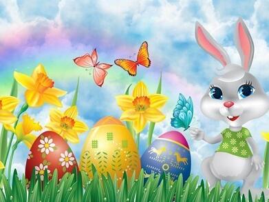 Image of diamond painting of an Easter bunny with colorful eggs and flowers