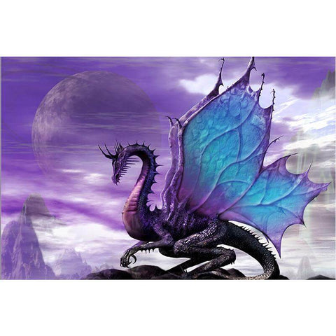 Image of Diamond painting of a powerful Eastern dragon with outstretched wings, soaring through a cloudy sky.