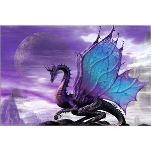 Diamond painting of a powerful Eastern dragon with outstretched wings, soaring through a cloudy sky.