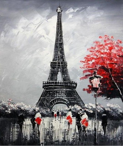 Image of diamond painting of the Eiffel Tower with a red tree