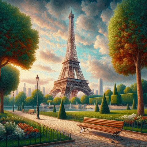 Image of Diamond painting of the Eiffel Tower in a Parisian park with benches, lampposts, and a tranquil pond.