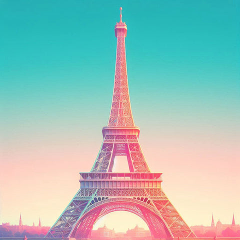 Image of Diamond painting of the Eiffel Tower against a dreamy pastel sky.