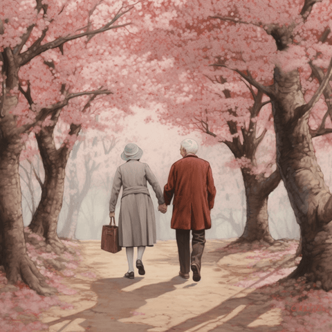 Image of diamond painting of an elderly couple walking under cherry blossom trees