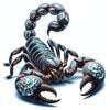 Diamond painting of an emperor scorpion with a diamond-shaped pattern on its back, raising its claws in a threatening posture.