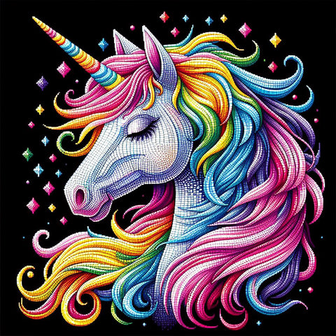 Image of Diamond painting of an enchanted unicorn with a flowing rainbow mane