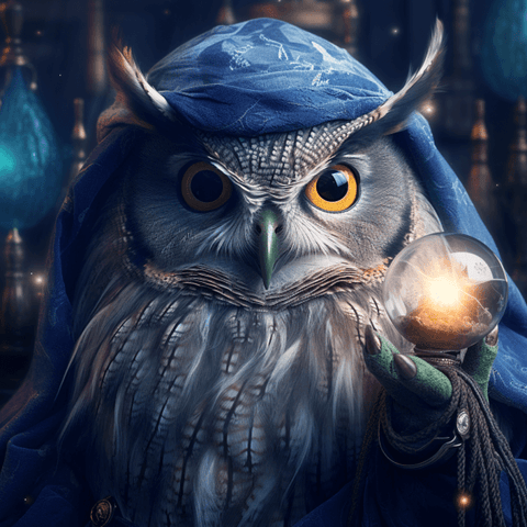Image of Diamond painting of an enchanting wizard owl with a magical glowing ball in its talons
