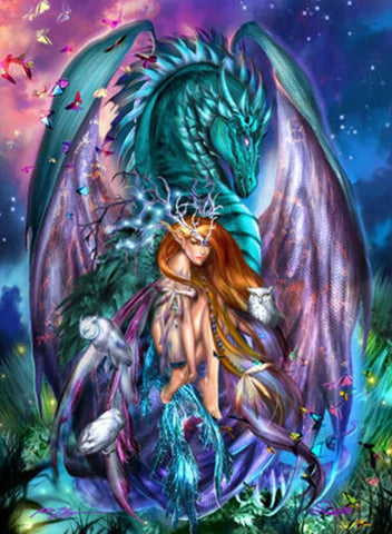 Image of Vivid diamond painting kit featuring a magical fairy and a sparkling dragon.