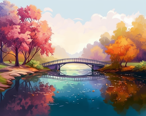 Image of Diamond painting of a scenic bridge over a calm lake surrounded by colorful trees in fall.