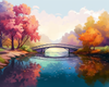 Diamond painting of a scenic bridge over a calm lake surrounded by colorful trees in fall.