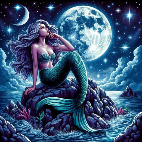 Image of Diamond painting of a mythical mermaid sitting on a rock, gazing up at a full moon in the night sky.