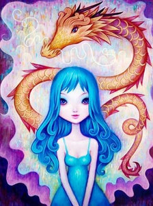 Diamond painting of a lady with a majestic dragon at her back.