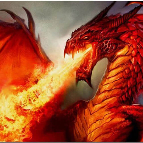 Image of Diamond painting of a majestic dragon breathing fire with a fiery breath.