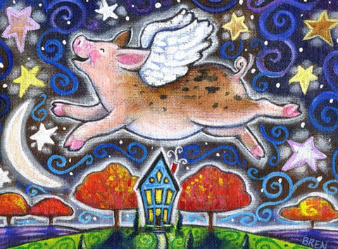 Image of diamond painting of a flying pig at night