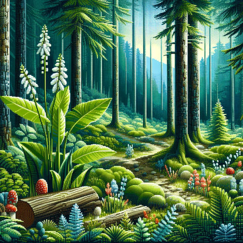 Image of Diamond painting of a peaceful forest path winding through a lush green forest. 