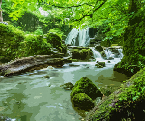 Image of diamond painting of a forest waterfall