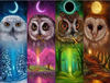 Diamond painting featuring four owls representing the four seasons: spring, summer, autumn, and winter.